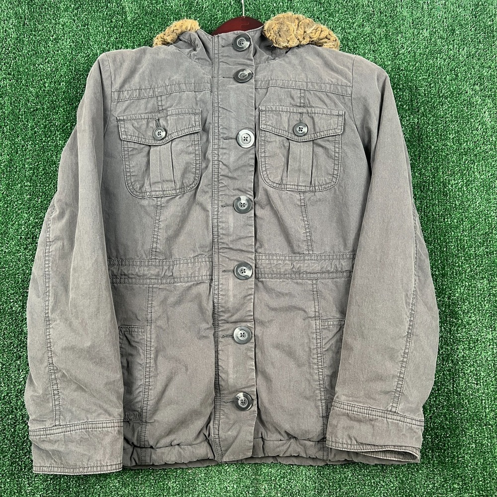 Vintage Old Navy Womens M Canvas Button Zip Coat Faux Fur Hoodie Jacket Gray Y2K
